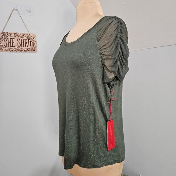 New Jennifer Lopez Metallic Green Women's Top Ruched Mesh Sleeve Large Tee - Picture 4 of 16